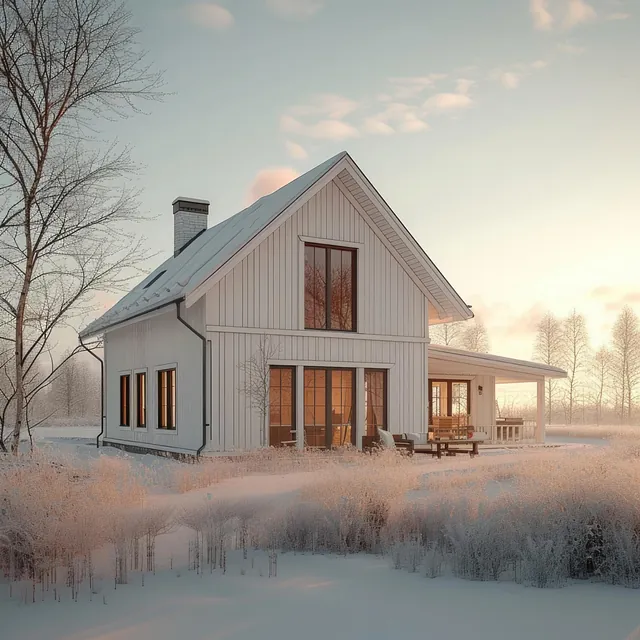 Hvitt hus i vinterlandskap
